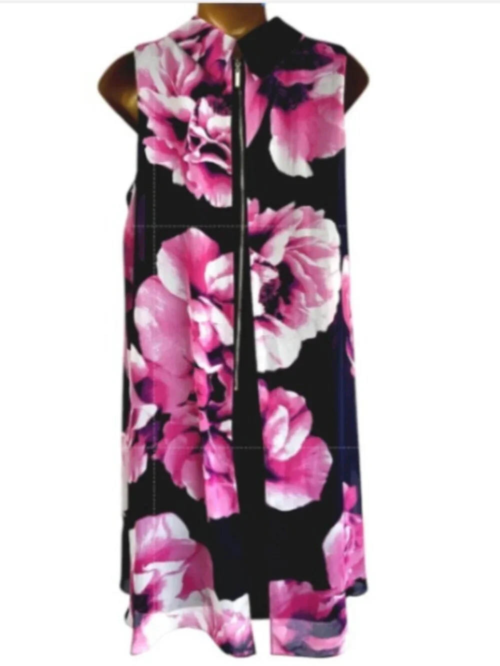 Eliza J Size 12 Multi-Colored Floral Chiffon Overlay Dress Back Zip Black Pink